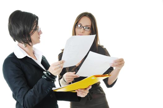 two young business woman group looking documents and giving advice and consultation