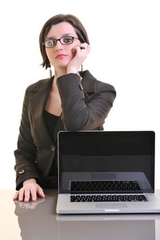one young business woman isolated on white working on laptop computer