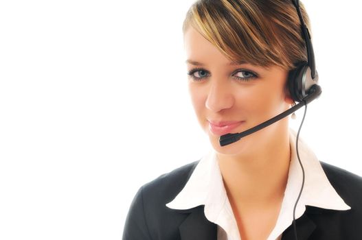 young beautiful business woman with headset phone help customer solution info service