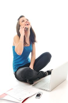 one young teen woman girl work on laptop isolated