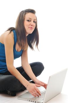 one young teen woman girl work on laptop isolated