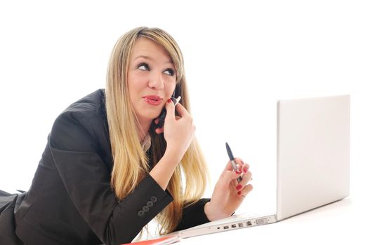 one young teen woman girl work on laptop isolated
