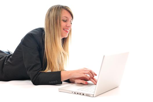 one young teen woman girl work on laptop isolated business