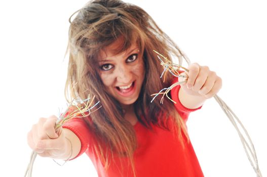 young woman with dark face electrical explosion shock concept connect