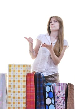happy young adult women  shopping with colored bags  isolated over white background in studio