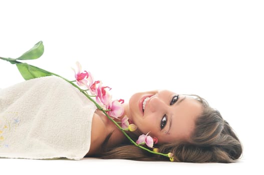 beauty halth and spa wellness isolated young woman face portrait closeup with towel and flower treatment