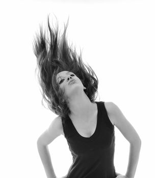 young beauty happy party woman dance with wind in hair isolated