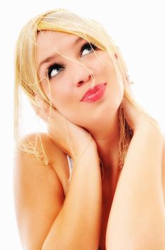one beautiful young woman portrait isolated hairstily makeup spa and welness concept