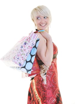 happy young adult women  shopping with colored bags  isolated over white background in studio