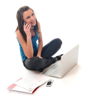 one young teen woman girl work on laptop isolated