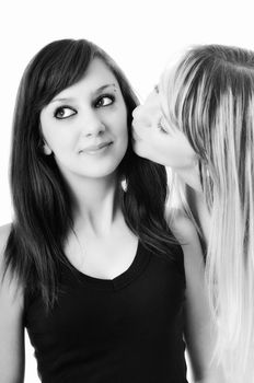 two young girl lesbian friend isolated happy on white background