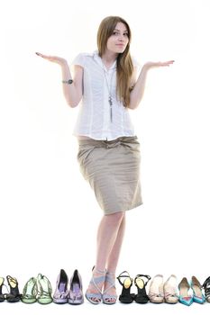 woman buy shoes concept of choice and shopping, isolated on white background in studio