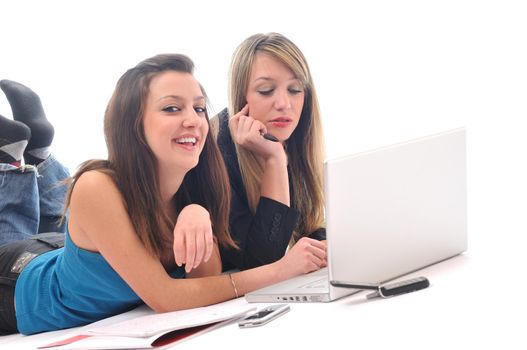 two young woman student work on laptop isolated