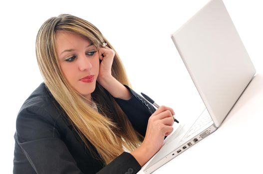 one young teen woman girl work on laptop isolated business