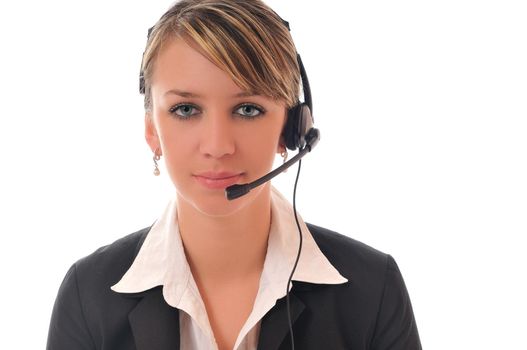 young beautiful business woman with headset phone help customer solution info service