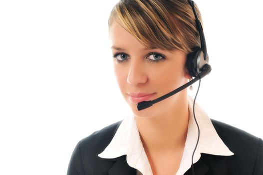 young beautiful business woman with headset phone help customer solution info service