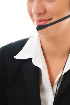 young beautiful business woman with headset phone help customer solution info service