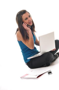 one young teen woman girl work on laptop isolated business