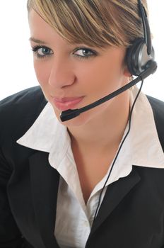 young beautiful business woman with headset phone help customer solution info service