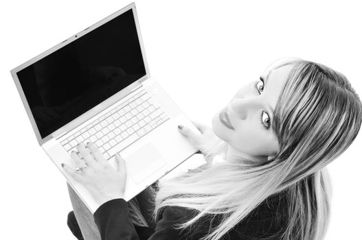 one young teen woman girl work on laptop isolated business