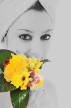 beauty halth and spa wellness isolated young woman face portrait closeup with towel and flower treatment