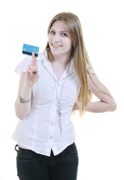 woman hold money credit card isolated on white bacground ready for online money transaction and shopping