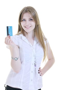 woman hold money credit card isolated on white bacground ready for online money transaction and shopping