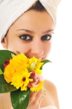 beauty halth and spa wellness isolated young woman face portrait closeup with towel and flower treatment