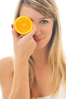young woman orange isolated fruit food