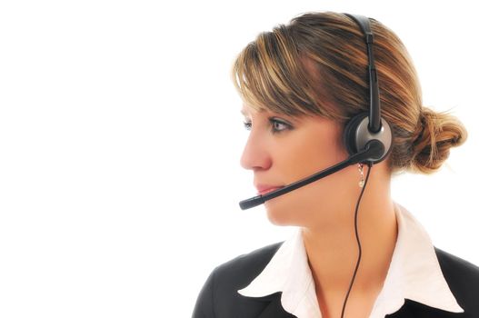young beautiful business woman with headset phone help customer solution info service