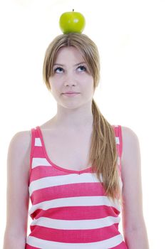 happy young woman eat green apple isolated  on white backround in studio