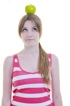 happy young woman eat green apple isolated  on white backround in studio