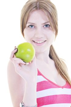 happy young woman eat green apple isolated  on white backround in studio