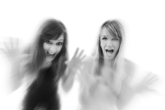 two young woman scream isolated emotion pair group