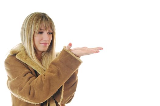 happy woman in winter coat isolated on white