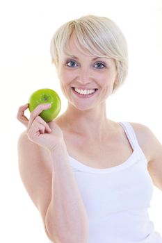 happy young woman eat green apple isolated  on white backround in studio