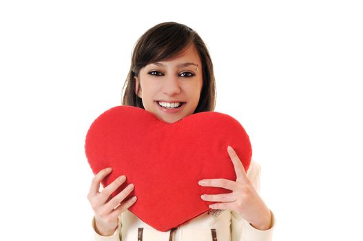 happy young woman with heart isolated on white