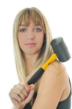 woman with hammer isolated on white