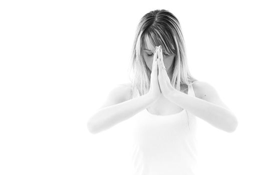 one young fit  woman in white shirt meditating adn exercise  yoga isolated