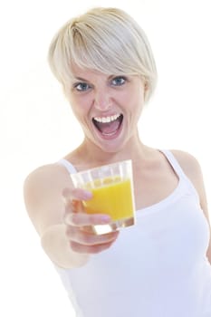 happy Young blonde woman drinking orange juice isolated over white background