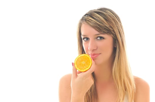 young woman orange isolated fruit food