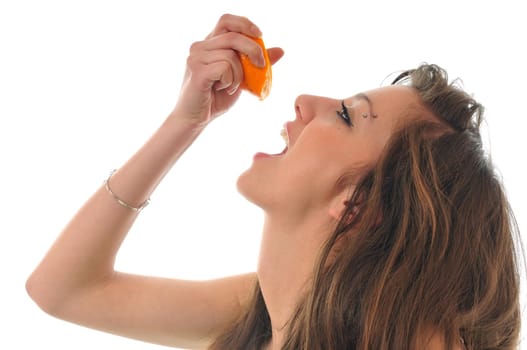 young woman orange isolated fruit food