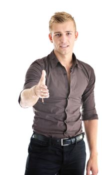 happy young businessman in business suit  portrait isolated on white background
