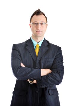 happy young businessman in business suit  portrait isolated on white background