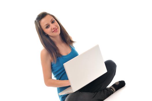 one young teen woman girl work on laptop isolated