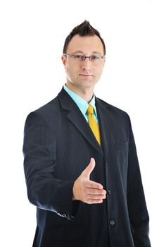 happy young businessman in business suit  portrait isolated on white background