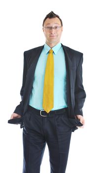 one young businessman hold pocket of pants isolated on white background and representing financial Bankruptcy