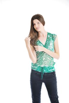 beautiful young woman in fashion clothes isolated on white background