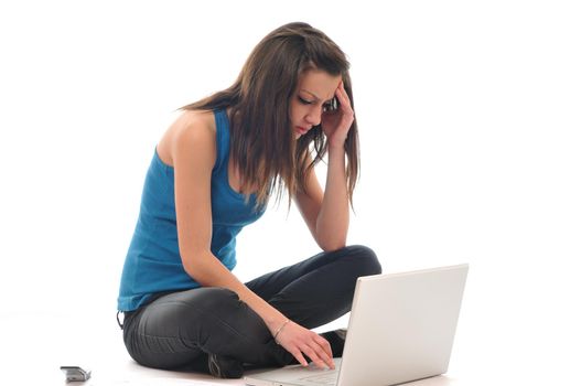 one young teen woman girl work on laptop isolated