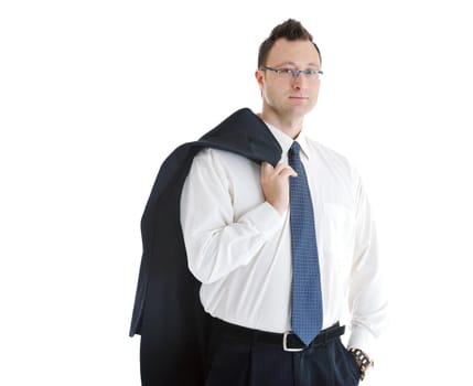 happy young businessman in business suit  portrait isolated on white background